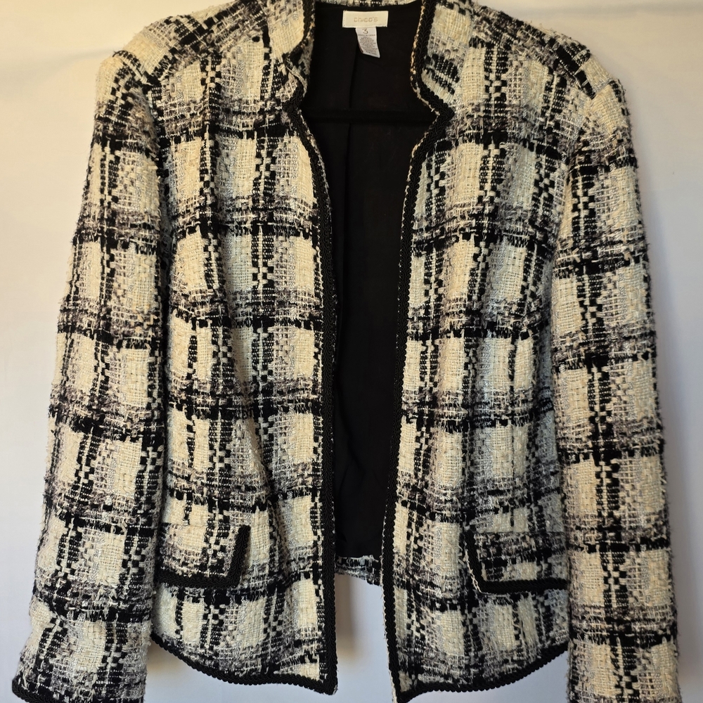 Chico’s Black Cream Plaid Tweed Blazer Jacket Size 3